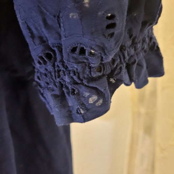 Eyelet Puff Sleeve Mixed Media Navy Top - Picture 6 of 13